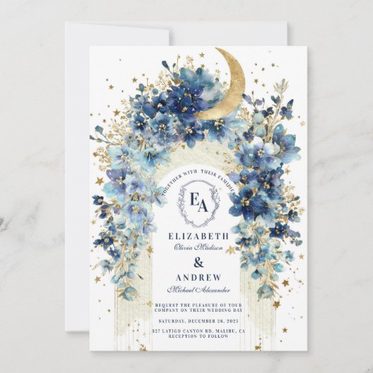ゴールデンムーンとミッドナイト結婚花模様 招待状 (正面)