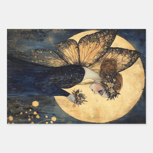 ゴールデンムーンの下に花を咲かせる魔法の夜の妖精 ラッピングペーパーシート (正面3)