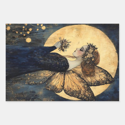 ゴールデンムーンの下に花を咲かせる魔法の夜の妖精 ラッピングペーパーシート (正面2)