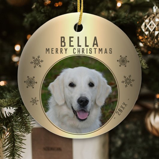ゴールデンメタリックスノーフレークドッグフォト セラミックオーナメント