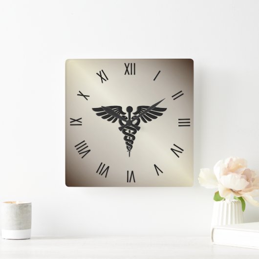 ゴールデンメディカルカドゥセウスとブラックナンバ スクエア壁時計 (ホーム)