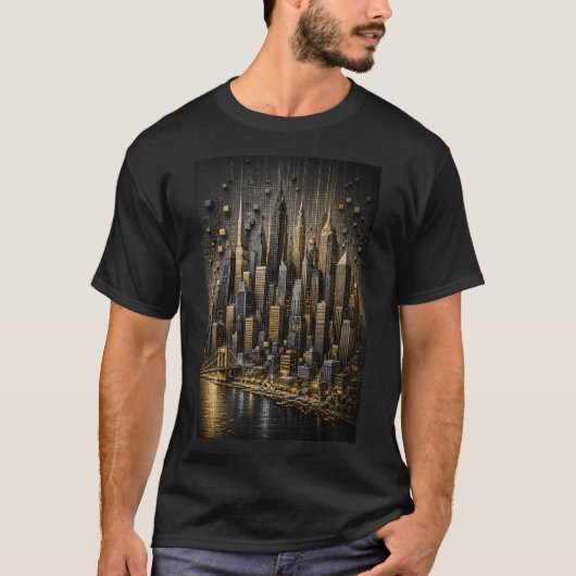 ゴールデンメトロポリス | 3D マイクロモザイク スカイライン Tシャツ (正面)