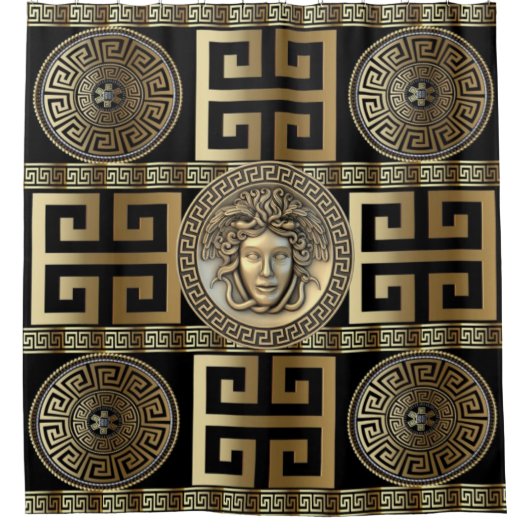 ゴールデンメドゥーサギリシャ鍵シャワーカーテン シャワーカーテン (正面)