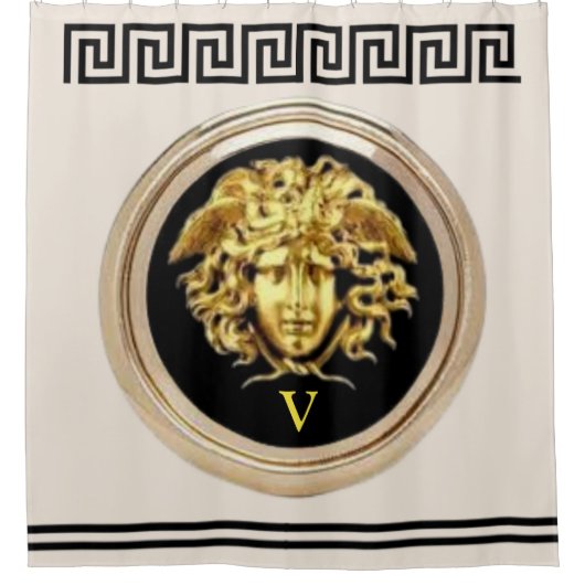 ゴールデンメドゥーサ/ギリシャ鍵ベージュとブラックビクトリー シャワーカーテン (正面)
