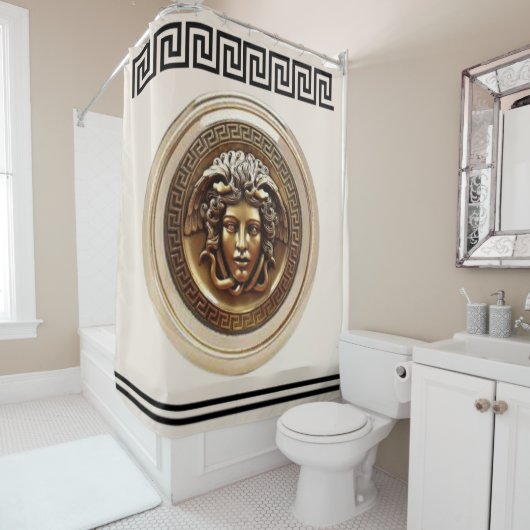 ゴールデンメドゥーサ/ゴルゴンギリシャ鍵ベージュアンドブラック シャワーカーテン (インサイチュ)
