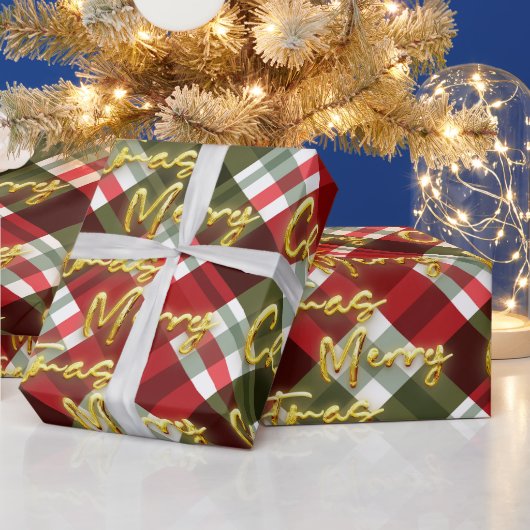 ゴールデンメリークリスマスシンプルホリデーストライプのレッド ラッピングペーパー (クリスマス)