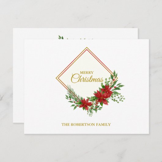 ゴールデンメリークリスマス引用文とポインセティアス ポストカード (正面/裏面)
