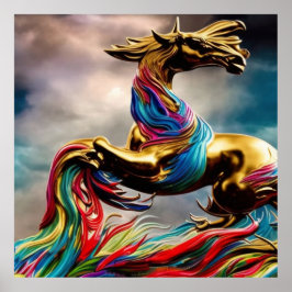 ゴールデンモダンティール（緑がかった色）とレッドホース抽象芸術2 ポスター