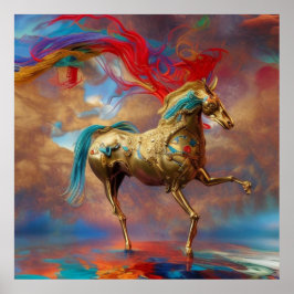 ゴールデンモダンティール（緑がかった色）とレッドホース抽象芸術 ポスター