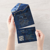 ゴールデンモダンネイビーブルーマーブルアゲート結婚ズ オールインワン招待状 (貼ってはがせる)
