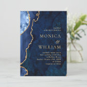 ゴールデンモダンネイビーブルーマーブルアゲート結婚ズ 招待状 (スタンド正面)
