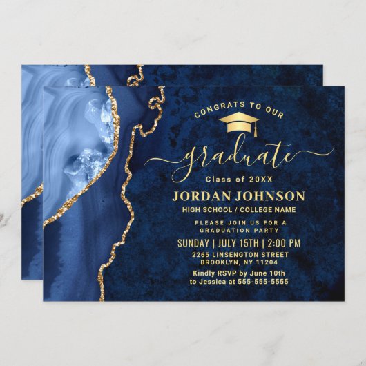 ゴールデンモダンネイビーブルーマーブル卒業パーティー 招待状 (正面/裏面)