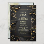 ゴールデンモダンブラック卒業パーティーの写真 招待状 (正面/裏面)
