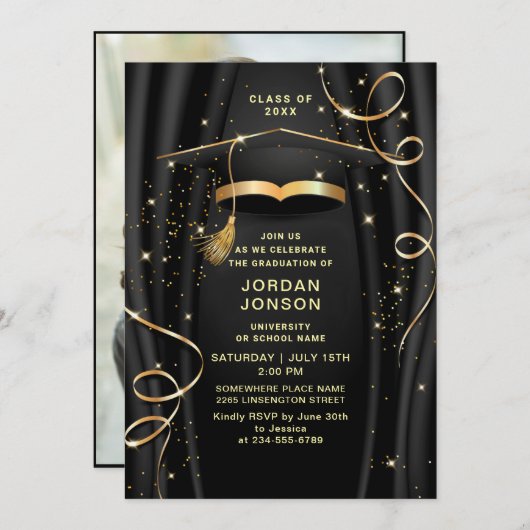 ゴールデンモダンブラック卒業パーティーの写真 招待状 (正面/裏面)