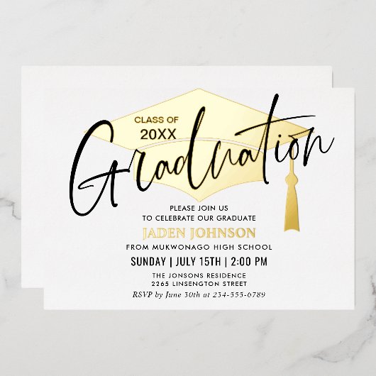 ゴールデンモダンブラック卒業パーティーの写真 箔招待状 (正面/裏面)