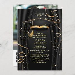 ゴールデンモダンブラック卒業パーティー写真QRコード 招待状