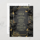 ゴールデンモダンブラック卒業パーティー招待状QR ポストカード (正面/裏面)