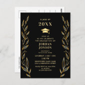 ゴールデンモダンブラック卒業パーティー招待状QR ポストカード (正面/裏面)