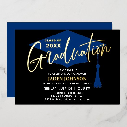 ゴールデンモダンブラック卒業パーティー 箔招待状 (正面/裏面)