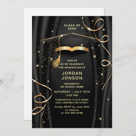 ゴールデンモダンブラック卒業パーティーQRコード 招待状 (正面/裏面)