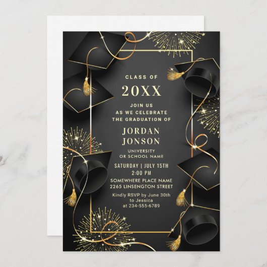 ゴールデンモダンブラック卒業パーティーQRコード 招待状 (正面/裏面)