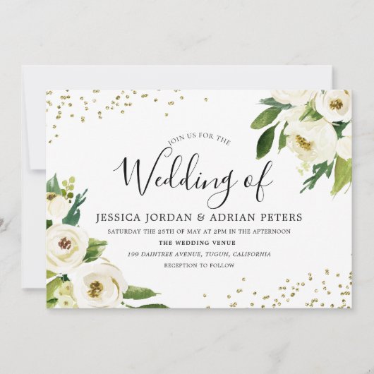 ゴールデンモダンホワイトフローラ結婚式 招待状 (正面)