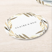 ゴールデンモダンリーフリース結婚ズ婚約パーティ ラウンドペーパーコースター (アングル)