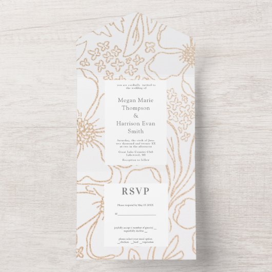 ゴールデンモダン開花結婚ズ全て一つの招待状 オールインワン招待状 (内側)