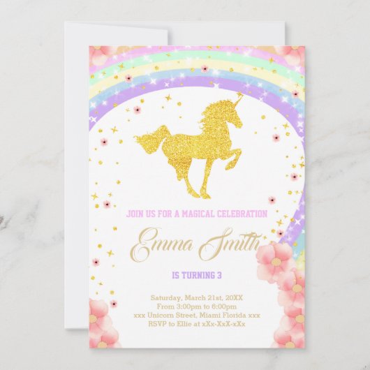 ゴールデンユニコーンの誕生日の招待状 招待状 (正面)
