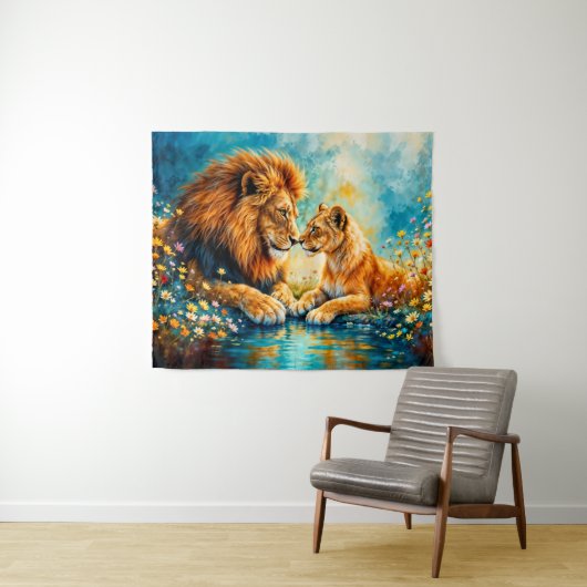 ゴールデンライオンライオネスカラフルワイルドフラワー タペストリー (インサイチュ(横))