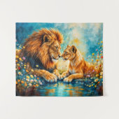 ゴールデンライオンライオネスカラフルワイルドフラワー タペストリー (正面(横))