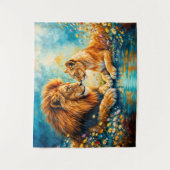 ゴールデンライオンライオネスカラフルワイルドフラワー タペストリー (正面)