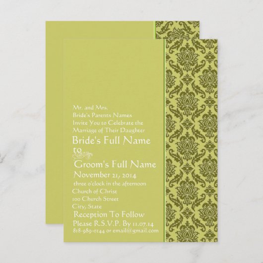 ゴールデンライムダマスクウェディング招待状はがき インビテーションポストカード (正面/裏面)