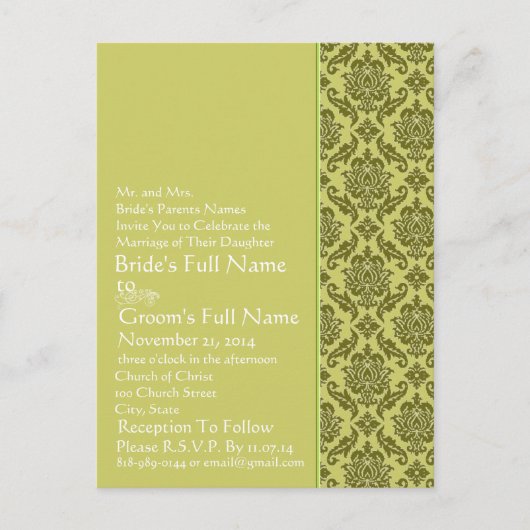 ゴールデンライムダマスクウェディング招待状はがき インビテーションポストカード (正面)