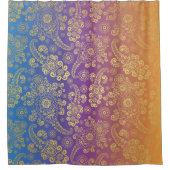 ゴールデンラグジュアリーペイズリーオンブルー、パープル、オレンジ シャワーカーテン (正面)