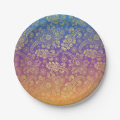 ゴールデンラグジュアリーペイズリーオンブルー、パープル、オレンジ ペーパープレート (正面)