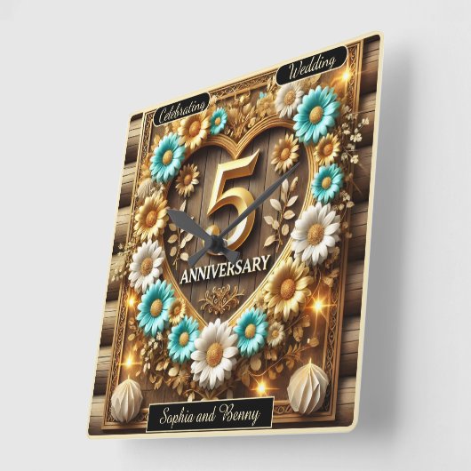 ゴールデンラディエンス：5周年記念お祝いアート スクエア壁時計 (傾斜)