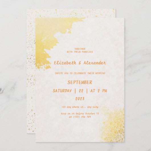 ゴールデンラブ:エレガント金ゴールド結婚式招待状 招待状 (正面/裏面)