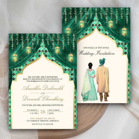 ゴールデンランタン エメラルドグリーン インド人カップルの結婚式 招待状