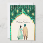 ゴールデンランタン エメラルドグリーン インド人カップルの結婚式 招待状 (正面)