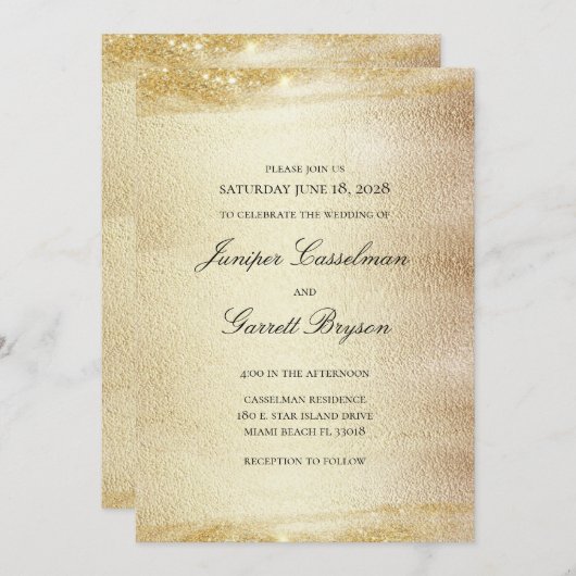 ゴールデンラ結婚プソディエレガントのきらめく金ゴールド請求書 招待状 (正面/裏面)