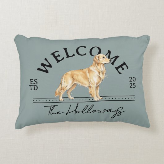 ゴールデンリトリカスタムーバーの家族の名前へようこそ アクセントクッション (正面)