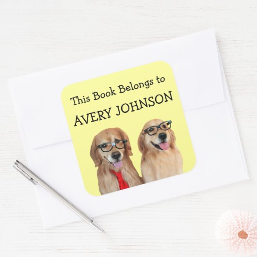 ゴールデンリトリバーパーソナライズされた蔵書票 スクエアシール (封筒)