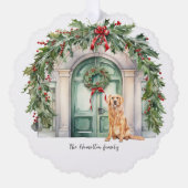 ゴールデンリトリーブクリスマス付きフロントドア オーナメントカード (正面)