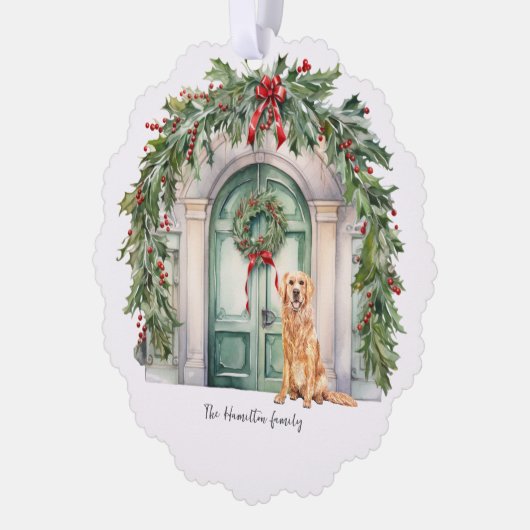 ゴールデンリトリーブクリスマス付きフロントドア オーナメントカード (左)