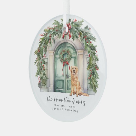 ゴールデンリトリーブクリスマス付きフロントドア ガラスオーナメント (正面左)