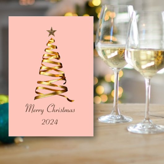 ゴールデンリボンクリスマスツリーのグリーティングカード サンキューカード