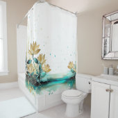 ゴールデンリリーセレニティ：水の色のティール（緑がかった色）と金ゴールド シャワーカーテン (インサイチュ)