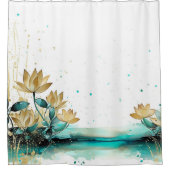 ゴールデンリリーセレニティ：水の色のティール（緑がかった色）と金ゴールド シャワーカーテン (正面)