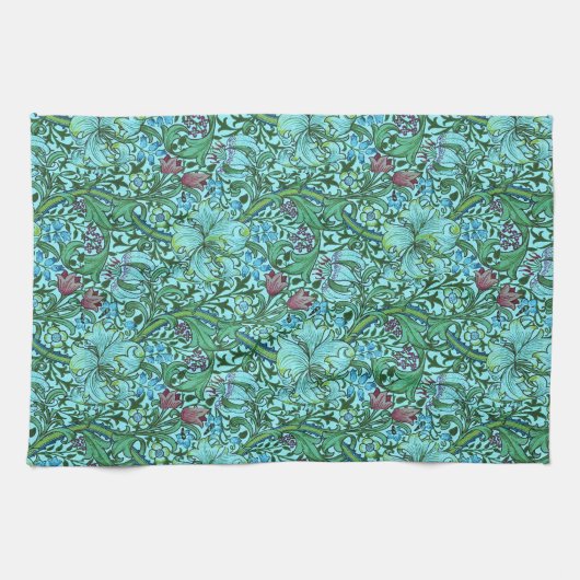 ゴールデンリリーヴィンテージフローラフラワーブルーピンクグリーン キッチンタオル (横)